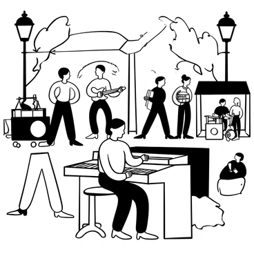 A jazz pianist sitting at an upright piano, with his hands moving across the keys, producing rich, bluesy melodies. Surrounding him are several pedestrians walking by, some stopping to listen, while others are engaged in conversation. There are street lamps casting light on the scene, and a few trees lining the sidewalk. In the background, a jazz band is setting up with various instruments. A street vendor cart can be seen nearby, with people purchasing snacks. The atmosphere is vibrant, capturing the energy of a bustling downtown street.