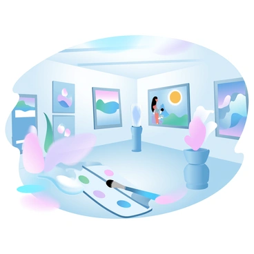 An art gallery interior featuring a vibrant array of paintings displayed on the walls. Each painting showcases a different colorful scene, highlighting various artistic styles and techniques. Sculptures of various shapes and sizes are positioned throughout the gallery, some on pedestals and others directly on the floor. In the foreground, an artist's palette rests, covered in a mix of vibrant paint colors, with brushes placed nearby. The overall atmosphere is filled with creativity and inspiration, inviting viewers to explore the artistic expressions around them.