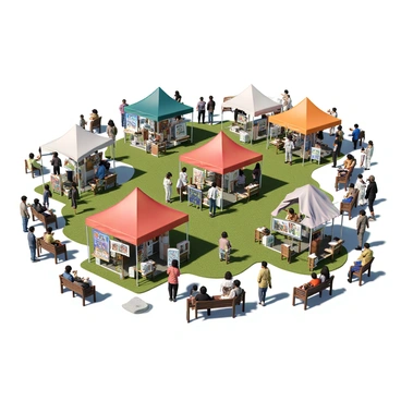 An outdoor art festival taking place in Vancouver, featuring multiple colorful tents set up throughout the area. Various artists are present, showcasing their artwork, including paintings, sculptures, and crafts. Visitors are strolling around, admiring the art and engaging in conversations. Some individuals are sitting on benches, while others are holding artistic pieces they have purchased. The atmosphere is lively, filled with people of different ages appreciating creativity in the open air.