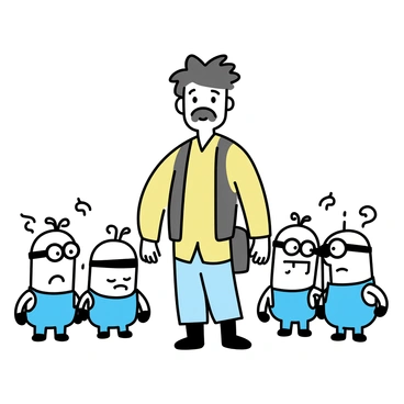 A man with a distinct mustache, dressed in a rugged outfit, stands confidently in the center. His expression is fierce as he delivers his famous dialogue, with intensity evident in his eyes. Surrounding him are several minions, each wearing similar rugged clothing, looking up at him in admiration and fear. The background is minimalistic, with simple lines suggesting an outdoor setting, emphasizing the focus on the central figure and his loyal followers.