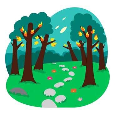 A vibrant forest filled with tall, slender trees standing closely together. Each tree has branches that are adorned with flickering flames in shades of orange and yellow. The ground is carpeted with lush, green moss, and small patches of colorful flowers peek through. Soft, glowing lights float gently in the air around the trees, adding to the magical atmosphere. A winding path of smooth stones leads deeper into the forest, inviting exploration.