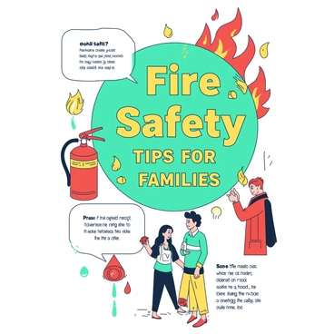 A poster featuring a bright and attention-grabbing design with a teal border. The center of the poster displays the text "Fire Safety Tips for Families" in large, bold yellow letters. Surrounding the text are illustrated icons representing various fire safety tips, such as a red fire extinguisher, a yellow smoke detector, and a teal family practicing a fire drill. Each icon is accompanied by a brief explanation in smaller white text. The background is filled with playful illustrations of flames and safety symbols in a duotone style, creating a dynamic and informative visual composition.