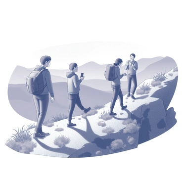A group of three friends ascending a rugged mountain trail. One friend in the foreground is wearing a backpack and looking ahead with determination. The second friend is laughing, gesturing towards the stunning views of rolling hills in the distance. The third friend is taking a photo, capturing the landscape. The trail is bordered by patches of wildflowers and sparse trees, with a rocky terrain underfoot. The sky above is clear, emphasizing the vastness of the surroundings.