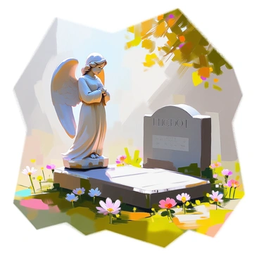 A white angel statue with detailed wings and a gentle expression stands vigil over an old, weathered tombstone. The statue is positioned slightly to the side, casting soft shadows on the ground. The tombstone, made of gray stone, has faded inscriptions and is partially covered in green moss. Surrounding the statue and tombstone are patches of grass and scattered wildflowers, creating a tranquil atmosphere. Sunlight filters through the leaves of nearby trees, providing dappled light across the scene.