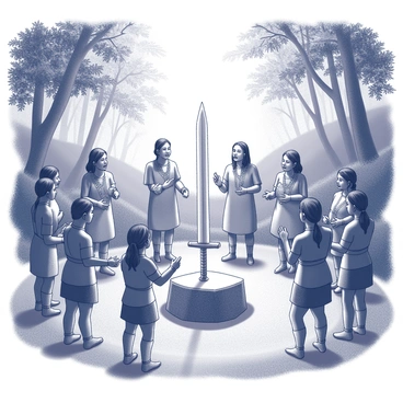A group of individuals from a tribe gathered in a lush forest clearing, surrounded by dense trees and underbrush. They are arranged in a circle around a prominent sacred sword, which is displayed on a stone pedestal at the center. Each member is adorned in traditional attire, featuring intricate patterns and beads. Some individuals are holding ceremonial objects while others are singing or chanting in unison. The atmosphere is filled with a sense of reverence, as sunlight filters through the leaves above, casting dappled shadows on the ground.