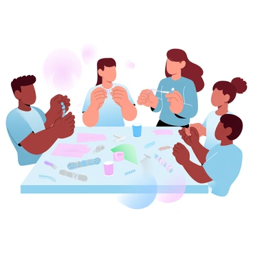 A group of children from diverse backgrounds is gathered around a craft table, actively making friendship bracelets. Each child is engaged with colorful threads and beads, demonstrating different techniques with their hands. One child is threading beads onto a string, while another is tying knots. The table is covered with various supplies, including scissors, spools of thread, and small containers of beads in multiple shades. Brightly colored paper and completed bracelets are scattered across the surface, showcasing their creativity. A warm atmosphere surrounds them as they happily share materials and ideas.
