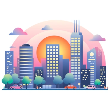 A bustling city skyline during sunset features tall skyscrapers silhouetted against a vibrant sky filled with shades of orange, pink, and purple. The buildings vary in height and design, creating an intricate outline against the horizon. Some skyscrapers have glowing windows, while others reflect the colorful sky. Fluffy clouds are scattered throughout the sky, catching the sunset hues. Below, the streets are lively with tiny figures of people and cars, adding a sense of movement to the scene. The overall ambiance captures the essence of a dynamic urban environment at dusk.