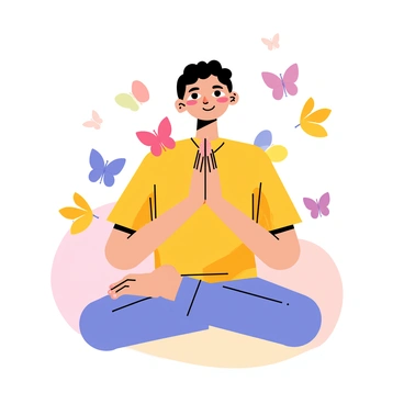A person with a serene expression sitting cross-legged in the "namaste" position. The individual is wearing traditional clothing in bright colors, with hands pressed together at the heart. Numerous butterflies of various sizes and colors are fluttering around the person, some resting on their shoulders and others dancing through the air. A gentle breeze appears to be causing the butterflies to move gracefully in the scene. The background is a soft gradient of pastel colors that enhances the tranquil atmosphere.