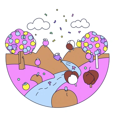 A whimsical landscape filled with various candy and sweets. There are rolling hills made of fluffy cotton candy, with patches of gumdrops scattered throughout. Lollipop trees rise tall with vibrant, swirling colors and oversized candy apples at their bases. A chocolate river flows gently through the scene, lined with marshmallow boulders. In the sky, fluffy clouds resemble whipped cream, while rainbow sprinkles rain down softly. A path made of gingerbread leads through this sugary wonderland.