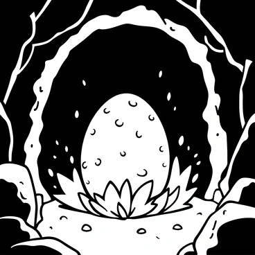 A dragon's egg is nestled in the rocky crevices of a cave. The egg is large and textured, showcasing intricate patterns on its surface. Surrounding the egg, glowing embers are scattered, casting flickering shadows across the cave walls. The cave's interior is rugged, with sharp stones and uneven surfaces, enhancing the sense of a hidden, mystical sanctuary. A light mist hovers near the ground, adding an air of mystery to the scene.