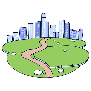A split landscape with half depicting urban skyscrapers and the other half showing rural fields. On the urban side, there are tall glass buildings reaching into the sky, reflecting light. The skyline features a mixture of modern architecture with sharp edges and curved designs. On the rural side, there are sprawling green fields with a few sheep grazing. A dirt road winds through the fields, leading to a small wooden fence. The scene captures the stark contrast between the two environments.