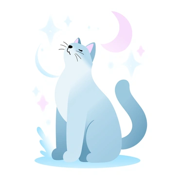A cat with soft fur is sitting in a tranquil nighttime setting. The cat is looking upwards, surrounded by tiny stars that are twinkling in the dark sky. The stars have a shimmering glow, enhancing the enchanting atmosphere of the scene. The ground is softly illuminated by a gentle light, adding to the magical feel of the night. A crescent moon is visible, casting a delicate glow over the cat and the surrounding area.