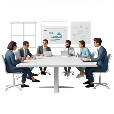A group of six professionals is seated around a large, glossy conference table in a modern conference room. The room is well-lit with large windows allowing natural light to flood in. Each professional is engaged in discussion, with some taking notes on laptops while others are holding tablets. The individuals represent diverse ethnicities, dressed in business attire: a woman in a tailored navy suit, a man in a charcoal gray suit, another woman in a light blue blouse, and three more men in various colored ties. In the background, a large screen displays a presentation with graphs and bullet points, while a whiteboard is filled with handwritten ideas and diagrams.