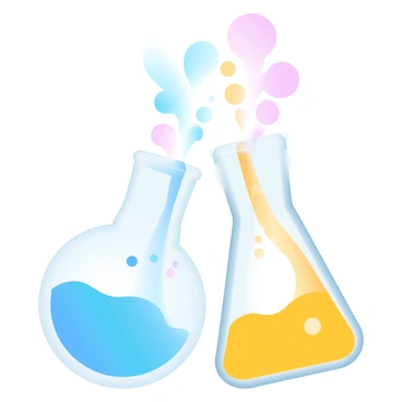 Two glass flasks are positioned closely together. One flask is filled with a vibrant blue liquid, while the other contains a bright yellow liquid. Streams of the colorful liquids are being poured from each flask into the other, creating a swirling mix of colors. Bubbles are rising rapidly at the points where the liquids meet, creating a dynamic and lively reaction. The glass flasks have a smooth, reflective surface, enhancing the visual impact of the colorful liquids.