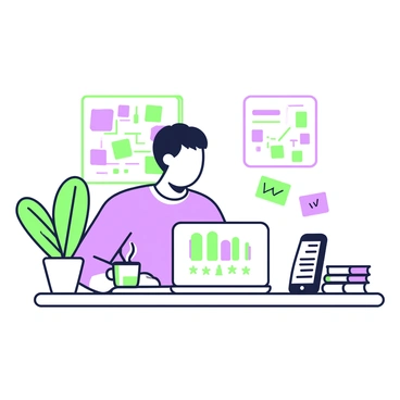 A small entrepreneur is sitting at a desk filled with startup materials. The desk is cluttered with a laptop displaying charts, notebooks with handwritten notes, and a smartphone. There is a green plant in a pot to the left of the laptop. The entrepreneur has short hair and is wearing a casual shirt while looking intently at the screen. A coffee cup is placed next to the laptop, steam rising from it. Behind the entrepreneur, there is a wall with colorful post-it notes and a whiteboard filled with ideas and plans.