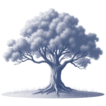 An ancient oak tree with a thick, gnarled trunk standing prominently in a grassy field. The tree has a wide canopy of leaves, providing ample shade beneath. Its bark is rough and textured, showing signs of age with deep grooves and knots. The surrounding field is filled with tall grasses gently swaying in the breeze, and a clear sky can be seen stretching above. The roots of the oak are visible above the ground, intertwining with the earth, giving a sense of strength and stability.