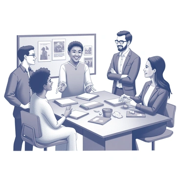 A workplace setting featuring a diverse group of coworkers engaged in conversation. There are individuals of various ethnicities, including a Black woman with curly hair, an Asian man wearing glasses, a Hispanic woman with long hair, and a Caucasian man with a beard. They are gathered around a table filled with cultural artifacts, such as traditional clothing, food samples, and books from different cultures. Each person is animatedly sharing their experiences, with expressive hand gestures and smiling faces, creating an atmosphere of connection and openness. The background includes a bulletin board displaying multicultural posters and photographs that celebrate diversity.