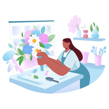 A floral designer is skillfully arranging an assortment of colorful flowers into a bouquet. The bouquet includes vibrant roses, delicate daisies, and fresh greenery. The designer is wearing a casual apron and is focused on placing the flowers in an aesthetically pleasing manner. The workspace is adorned with additional flowers and gardening tools, creating a vibrant atmosphere filled with natural beauty.