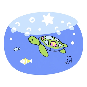 A giant sea turtle gliding gracefully through the ocean water. The turtle's shell is adorned with various colorful symbols and patterns that create an intricate design. Sunlight filters through the surface of the water, illuminating the turtle and casting a soft glow on the surrounding aquatic environment. Small fish can be seen swimming nearby, adding to the lively underwater scene.