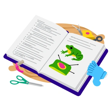 A student’s guidebook with a sturdy cover is open to a detailed page about "frog dissection procedures." The page features clear, labeled diagrams of a frog, including its anatomy, with arrows pointing to different parts such as the heart, lungs, and intestines. In the background, there are notes and bullet points outlining the steps of the dissection process in neat handwriting. The text is printed in a readable font, with important terms highlighted in bold. The guidebook is resting on a wooden table, and there are a few dissecting tools like scissors and tweezers placed nearby, along with a pair of safety gloves.