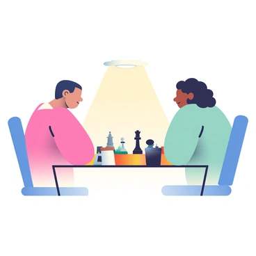 Two chess players, one with light skin and short dark hair and the other with medium skin and long curly hair, are sitting at a wooden chess table facing each other. Both players have focused expressions, studying the chessboard that displays a stalemate position. The chess pieces are intricately carved, with a mix of black and white pieces arranged on the board. A bright overhead light casts a soft glow over the scene, highlighting the concentration on their faces as they analyze their next moves. On the table beside them, there are two cups of coffee, one with cream and the other black, adding a personal touch to the intense match.