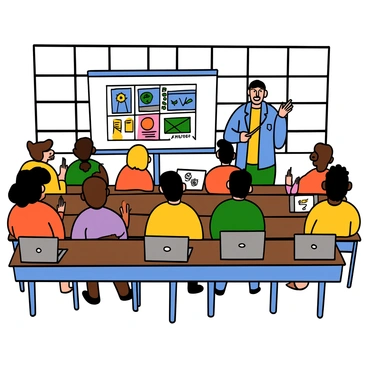 A lecture hall filled with students of diverse backgrounds attentively watching a professor. The professor, with light skin and short black hair, stands in front of a large screen, demonstrating animation techniques. The screen displays colorful animated graphics. The students are seated at desks, some taking notes, while others are focused on the screen. A few students have laptops open in front of them, and the room features large windows letting in natural light.