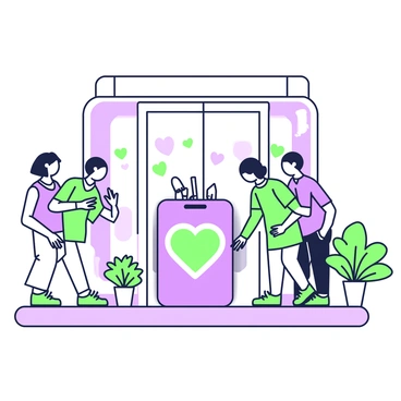 A charity donation box is positioned at the entrance of a bank. The box is designed with a prominent "heart" symbol on its front, drawing attention to its purpose. The box is rectangular in shape, made of clear acrylic, allowing glimpses of the donations inside. There is a small slot on the top for inserting donations. Surrounding the box, a few potted plants add greenery to the setting. People pass by, some glancing at the box, while others stop to make a contribution. The bank's entrance is framed by large glass doors, adding to the open atmosphere.