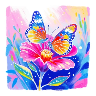 A colorful butterfly with intricate patterns on its wings is landing on a vibrant flower with large petals. The butterfly displays bright shades of blue, orange, and yellow. The flower has a rich, deep red color with green leaves surrounding its base. Sunlight illuminates the scene, enhancing the lively colors of both the butterfly and the flower. Small details include a few droplets of dew on the flower petals and soft shadows cast on the ground beneath.