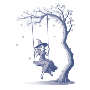 A witch wearing a flowing dress and a pointed hat is swinging on an intricately designed tree swing made from twisted branches. The swing is suspended from a large tree with a gnarled trunk and sprawling, leafy branches. Surrounding her are numerous sparkling magical particles floating in the air, creating a whimsical atmosphere. The witch's hair flows in the breeze as she leans back with a joyful expression, enjoying the moment. The ground beneath is covered in soft grass, and there are faint outlines of whimsical flowers nearby.