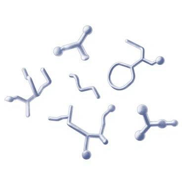 A collection of lipid fatty acid chains arranged in various unique shapes. Each chain is depicted as a long, thin structure with a wavy or zigzag appearance to illustrate their molecular form. The chains intertwine and connect at different points, creating intricate patterns. Some chains branch off into smaller segments, while others loop back on themselves, emphasizing their flexibility. The background is plain to draw attention to the complex formations of the fatty acid chains.