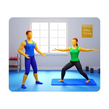 A personal trainer demonstrating arm circles to a client in a home gym. The trainer is wearing athletic clothing and is positioned in front of the client, showing the correct technique. The client is following along, arms extended out to the sides. The gym features exercise equipment, such as weights and a yoga mat on the floor. Natural light is streaming through a window, illuminating the space. There is a motivational poster on the wall that says "Stay Strong."