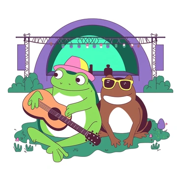 A green frog and a brown toad are sitting side by side on a grassy area, both wearing small colorful hats. The frog is holding a tiny orange musical instrument, while the toad has a yellow pair of sunglasses on. In the background, a large stage with bright teal lights is set up, and colorful banners are hanging from the stage. Surrounding them are various small plants and flowers, adding to the lively atmosphere of the outdoor music festival.