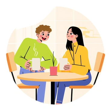 Two friends sitting at a round wooden cafe table. One friend has short curly brown hair and is wearing a green sweater. The other friend has long straight black hair and is dressed in a yellow jacket. Both friends are holding white coffee mugs, with steam rising from the mugs. They are leaning towards each other, smiling widely, with their eyes sparkling in joy. The cafe around them features warm lighting, and a small potted plant sits in the center of the table.
