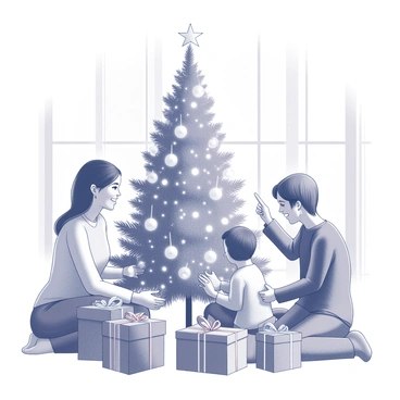 A cozy indoor setting with a decorated Christmas tree taking center stage. The tree is adorned with sparkling ornaments and twinkling lights. Surrounding the base of the tree are several wrapped gifts in various sizes, featuring colorful ribbons. A family is gathered together, with two adults and two children. They are smiling and interacting, one child is reaching out to pick up a gift, while the other is pointing excitedly at the tree. Snow can be seen gently falling outside the window, adding to the festive atmosphere. The warm glow of the room enhances the overall holiday spirit.