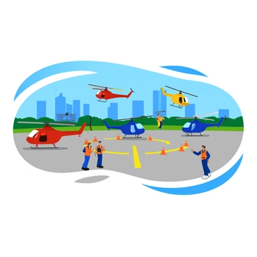 A busy heliport with several helicopters in various colors, including red, blue, and yellow, taking off and landing. The heliport features a large, marked landing pad surrounded by bright orange safety cones. In the background, there are tall skyscrapers and a clear blue sky. Ground crew members in safety vests are seen directing the helicopters with hand signals. Some helicopters have their rotors spinning, ready for departure, while others are parked with their doors open.