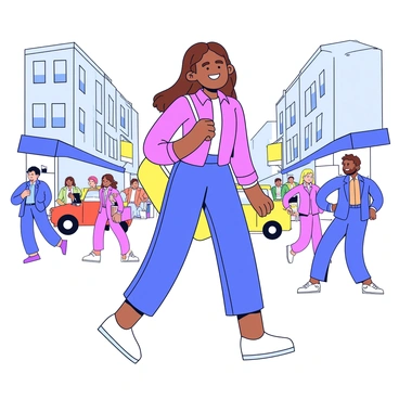 A woman with long brown hair is confidently walking past a busy street. She has a friendly smile on her face, showcasing her bright attitude. Her posture is straight and strong, indicating self-assurance. The background features a variety of people and cars moving along the street, emphasizing the busyness of the city. The buildings lining the street are simple and modern, adding to the urban atmosphere.