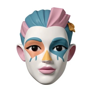 A face with strong features, including high cheekbones and a defined jawline. The face is adorned with bold geometric patterns, featuring sharp lines and symmetrical designs that highlight the contours of the face. The eyes are large and expressive, framed by angular eyebrows. The lips are full and shaped with a defined cupid's bow. The hair is styled in an elegant, geometric fashion, incorporating distinct shapes that complement the overall design. The color palette includes rich, contrasting colors that enhance the bold patterns, creating a striking visual effect.