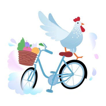 A guinea fowl with a speckled plumage is perched on a bicycle seat. The bicycle has a shiny metal frame and a wicker basket attached to the front, filled with colorful fruits and vegetables. The guinea fowl has its wings slightly spread, as if enjoying the ride, while the bicycle wheels are in motion. The background features a soft, gradient of pastel colors, enhancing the whimsical scene.
