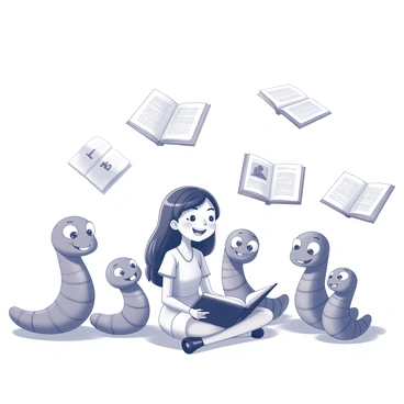 A girl is sitting on the ground, her legs crossed. She has long hair and wears a colorful dress. Surrounding her are several cartoonish bookworms, each with big googly eyes and wide, exaggerated smiles. The bookworms are animatedly sharing stories, some are sitting upright while others are leaning in with eager expressions. The girl is looking at them with interest, her hands resting on her knees. Floating above the bookworms are open books, some pages flapping as if caught in a gentle breeze, illustrating the stories being told. The scene conveys a sense of joy and enthusiasm for storytelling.