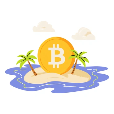 An island in the shape of a "bitcoin" symbol sits prominently in the center of the scene. The island has sandy beaches with lush green palm trees lining its edges. Surrounding the island are digital waves, represented by flowing lines of blue and green, creating a sense of movement. The waves have pixelated patterns, enhancing the digital theme. The sky above is bright with fluffy white clouds, adding depth to the vibrant scene.