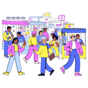 A bustling street market filled with various stalls selling colorful items. Individuals are walking among the stalls, showcasing eclectic street fashion. Some people are wearing bright clothing in shades of blue, pink, and yellow. Others have unique accessories like hats and scarves, adding to their vibrant outfits. The scene includes shoppers examining goods and interacting with the vendors. The atmosphere is lively and energetic, with a diverse crowd.