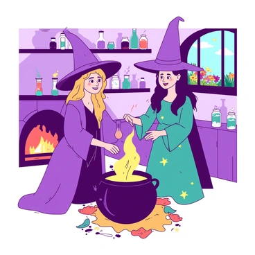 Two friendly witches are standing side by side in a cozy, whimsical cottage. One witch, wearing a purple robe with flowing sleeves, is stirring a bubbling cauldron, while the other witch, dressed in a teal dress adorned with stars, is adding colorful ingredients from small glass jars. The walls of the cottage are lined with shelves filled with various potion bottles and magical artifacts. A warm glow emanates from the fireplace, casting soft shadows around the room. Outside the window, a garden filled with vibrant herbs and flowers is visible, completing the enchanting atmosphere.