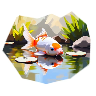 A vibrant koi fish with orange and white markings is swimming gracefully in a calm pond. Its head is slightly tilted as it gazes down at its reflection in the clear water. The surface of the pond is smooth, creating a mirror-like effect that captures the intricate patterns of the koi. Surrounding the pond are lush green plants, and a few floating lily pads add to the tranquil setting. The sunlight filters through the leaves overhead, casting dappled shadows on the water's surface.