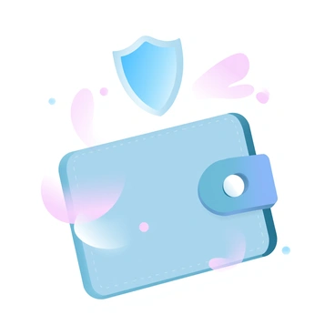 A digital wallet icon is prominently displayed at the center. The wallet is illustrated with a gradient pastel color scheme, featuring soft blues and pinks. A shield is positioned above the wallet, symbolizing security, with a subtle shine effect to enhance its presence. A padlock is integrated into the design of the wallet, emphasizing protection and safety. The overall composition conveys a sense of modern technology and security in digital transactions.