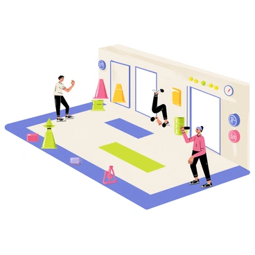 A circuit training setup with various exercise stations arranged in a gym environment. One of the stations features a person performing "heel taps," where they are raising one foot to tap their heel against their opposite knee. The area is marked with colorful cones indicating different exercise spots. Other stations include a jump rope station, a set of dumbbells, and a mat for floor exercises. Equipment is organized neatly, and a timer is visible in the background. Bright gym lighting enhances the energetic atmosphere.