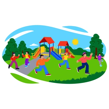A group of children running and laughing while playing tag on a colorful playground. The playground features bright red, blue, and yellow structures, including slides, swings, and climbing frames. The children are wearing various colorful outfits, with some wearing hats and sneakers. Surrounding the playground are green grass and trees with lush leaves, and the sun is shining brightly in a clear blue sky. Some children are chasing each other while others are taking a break on a nearby bench.