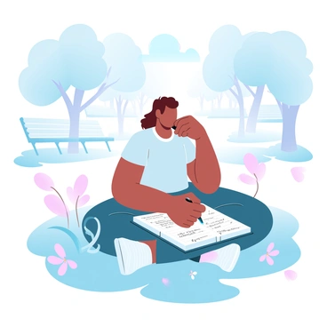 A student is sitting cross-legged on a soft, grassy patch in a school courtyard. The student is writing in a journal with a pen in hand, surrounded by an open notebook filled with handwritten notes and sketches. Sunlight filters through the leaves of nearby trees, casting gentle shadows on the ground. A few colorful flowers bloom around the student, adding a touch of color to the scene. The courtyard has a serene atmosphere, with a few benches in the background and a clear blue sky overhead.