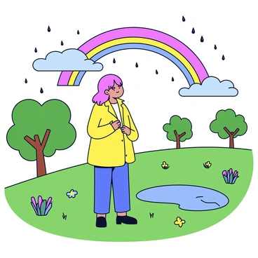 A woman with long, flowing hair stands on a grassy hillside, gazing at a vibrant rainbow arching across the sky. She wears a light yellow raincoat and blue jeans, and her expression is one of wonder. The landscape around her is dotted with lush, green trees and patches of blooming wildflowers. Raindrops still fall gently from the sky, creating small puddles on the ground that reflect the colors of the rainbow. The scene captures the contrast between the dark, rainy clouds and the bright, colorful arc in the distance.
