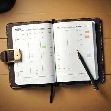 A planner open on a wooden table. The planner has a leather cover with visible stitching and a gold-colored clasp. The pages are filled with a detailed monthly budget layout, featuring neatly organized sections for income, expenses, and savings. The layout includes lines for writing, highlighted areas with colored markers, and small icons representing different categories like food, transport, and entertainment. A black pen rests on the table next to the planner, and there is a soft shadow cast by a nearby lamp.