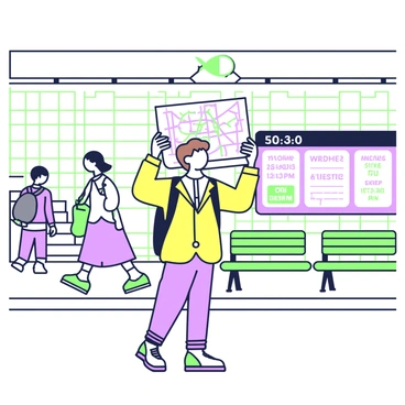 A tourist is standing at a subway station, looking confused. The tourist has short brown hair and is wearing a bright yellow jacket with a backpack slung over one shoulder. In their hands, they are holding a subway map upside down, with various lines and stop names visible. There are benches in the background, along with a large schedule board displaying train times. To the side, a set of stairs leads up to the street level, and a couple of people are walking in the foreground. The station has tiled walls and overhead lighting, creating a lively atmosphere.